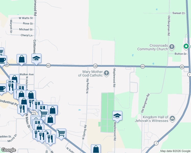 map of restaurants, bars, coffee shops, grocery stores, and more near 1615 North Spring Road in Harrison