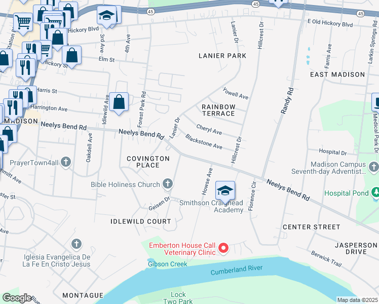 map of restaurants, bars, coffee shops, grocery stores, and more near 615 Neelys Bend Road in Nashville