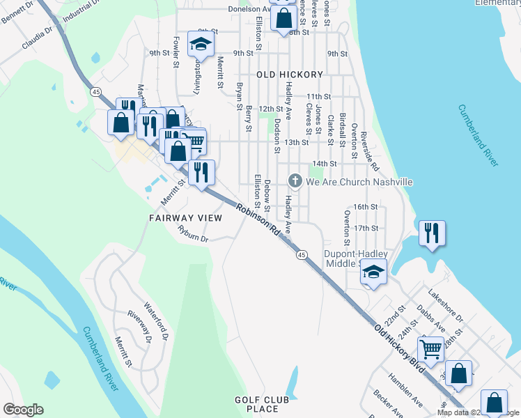 map of restaurants, bars, coffee shops, grocery stores, and more near 1601 Elliston Street in Nashville
