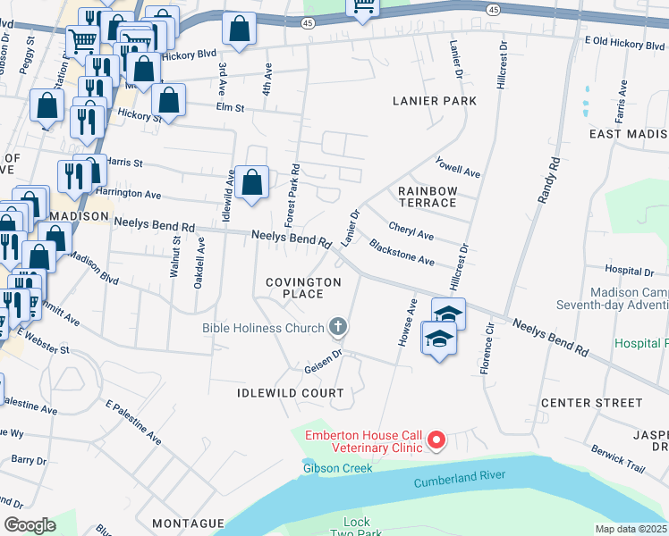map of restaurants, bars, coffee shops, grocery stores, and more near 919 Idlewild Drive in Nashville