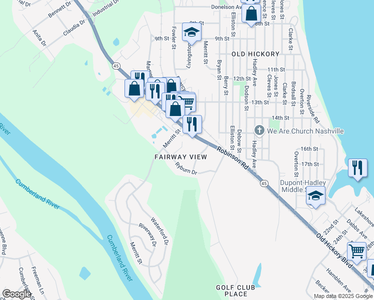 map of restaurants, bars, coffee shops, grocery stores, and more near 107 Ryburn Court in Nashville