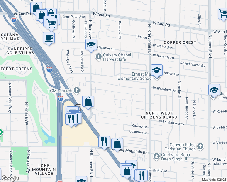 map of restaurants, bars, coffee shops, grocery stores, and more near 5050 North Rainbow Boulevard in Las Vegas