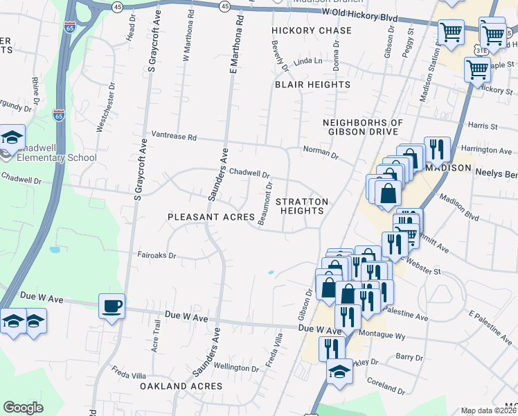 map of restaurants, bars, coffee shops, grocery stores, and more near 917 Beaumont Drive in Nashville