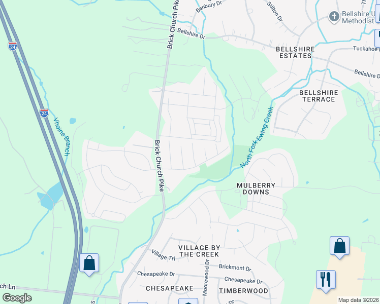 map of restaurants, bars, coffee shops, grocery stores, and more near 3606 Willow Creek Court in Nashville