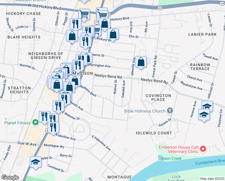 map of restaurants, bars, coffee shops, grocery stores, and more near 257 Madison Boulevard in Nashville