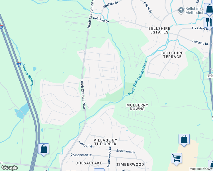 map of restaurants, bars, coffee shops, grocery stores, and more near 3421 Meadow Court in Nashville