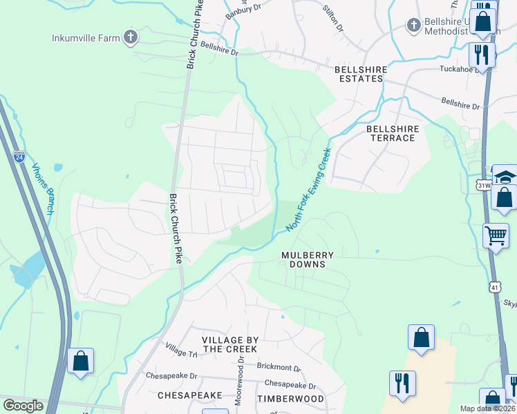 map of restaurants, bars, coffee shops, grocery stores, and more near 1712 Westchester Drive in Nashville