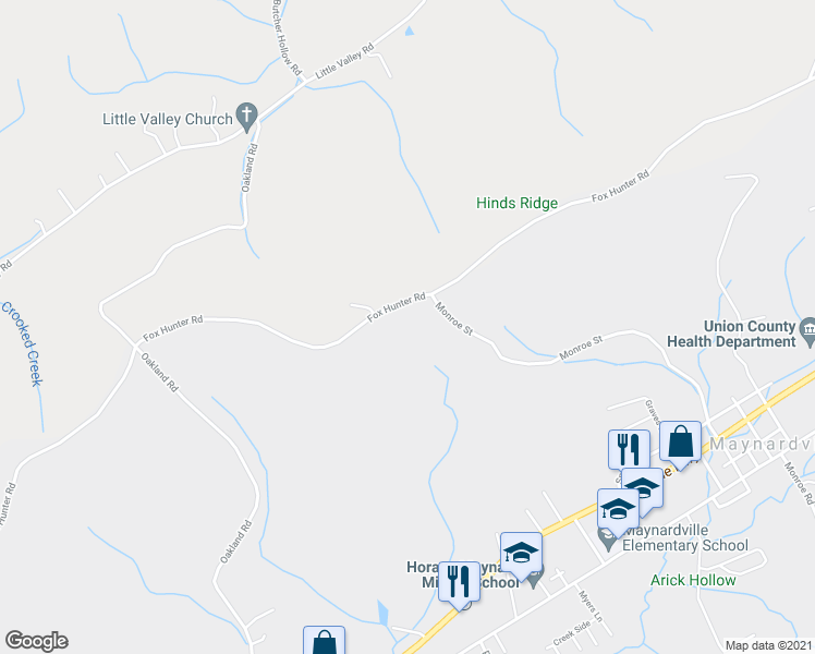 map of restaurants, bars, coffee shops, grocery stores, and more near 721 Fox Hunter Road in Maynardville