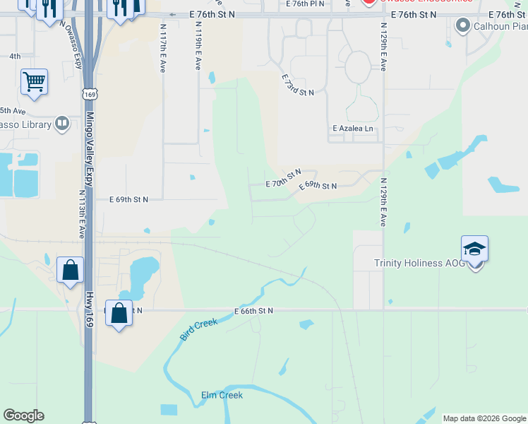 map of restaurants, bars, coffee shops, grocery stores, and more near 12051 East 69th Street North in Owasso