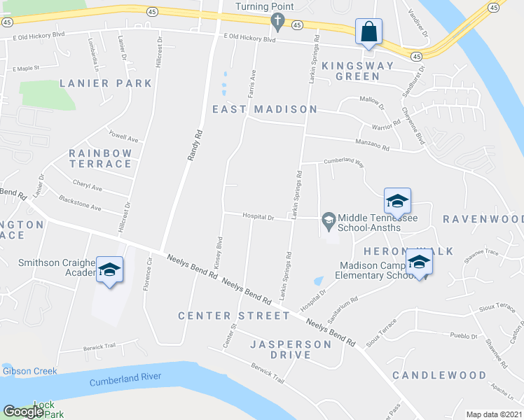 map of restaurants, bars, coffee shops, grocery stores, and more near 917 Hospital Drive in Nashville