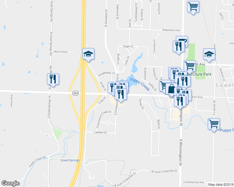 map of restaurants, bars, coffee shops, grocery stores, and more near 504 Arkansas 264 in Lowell