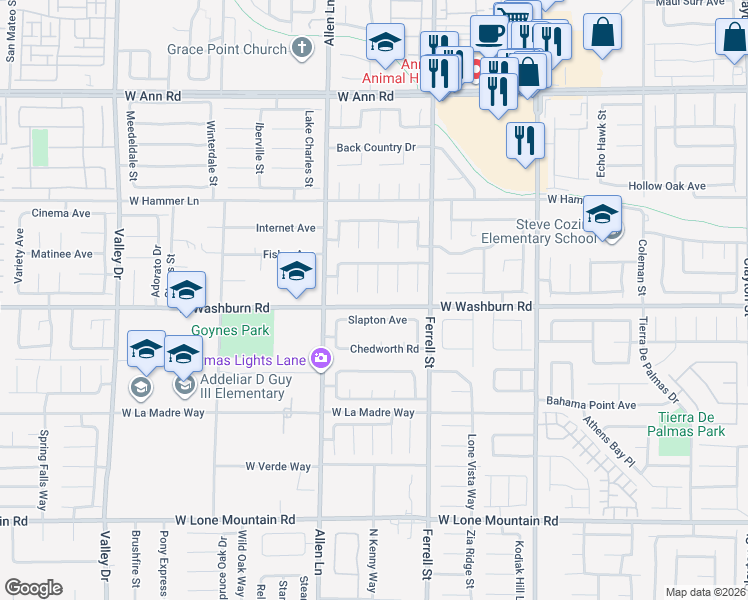map of restaurants, bars, coffee shops, grocery stores, and more near 5215 Nest Court in North Las Vegas