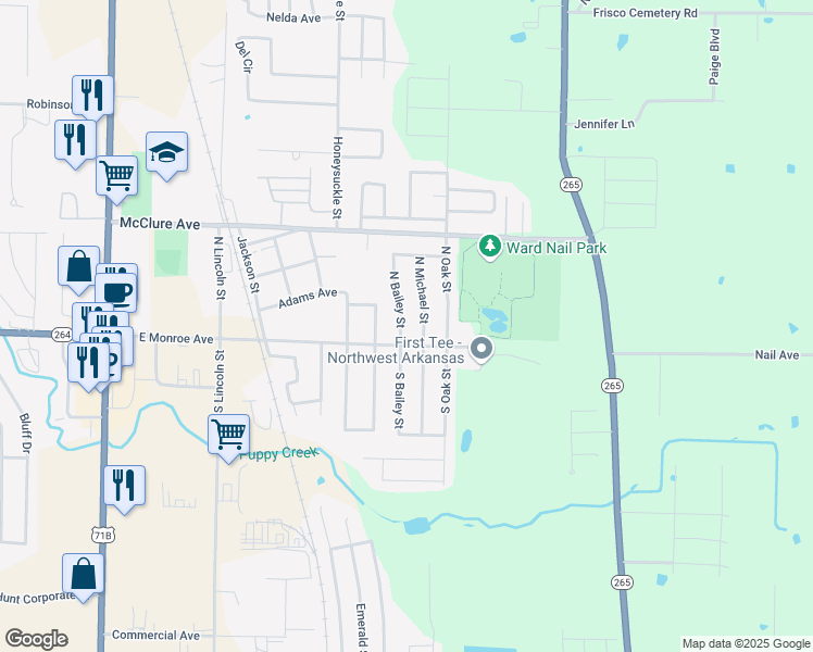 map of restaurants, bars, coffee shops, grocery stores, and more near 109 North Bailey Street in Lowell
