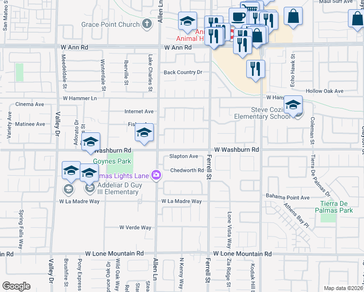 map of restaurants, bars, coffee shops, grocery stores, and more near 5215 Nest Court in North Las Vegas