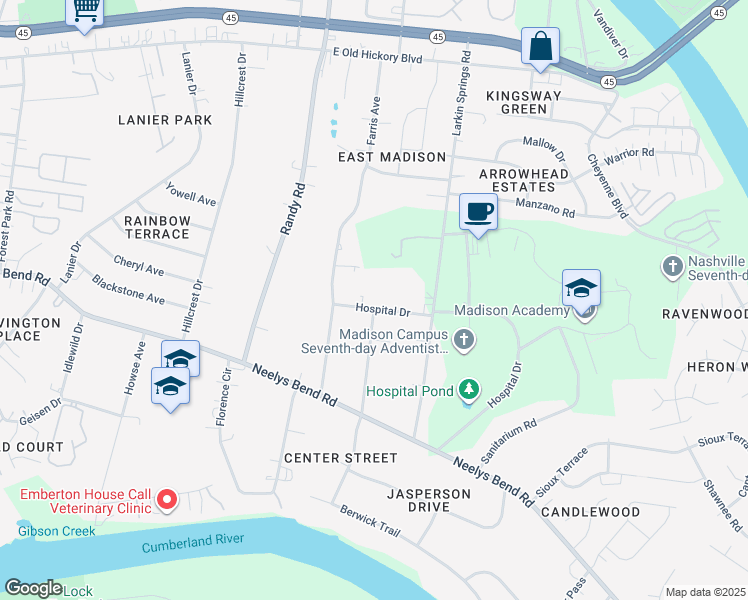 map of restaurants, bars, coffee shops, grocery stores, and more near 917 Hospital Drive in Nashville
