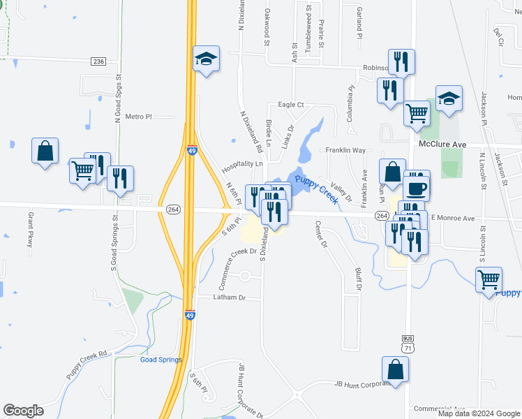 map of restaurants, bars, coffee shops, grocery stores, and more near 504 Arkansas 264 in Lowell
