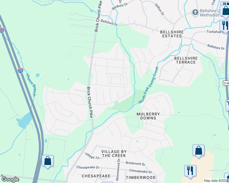 map of restaurants, bars, coffee shops, grocery stores, and more near 3417 Meadow Court in Nashville