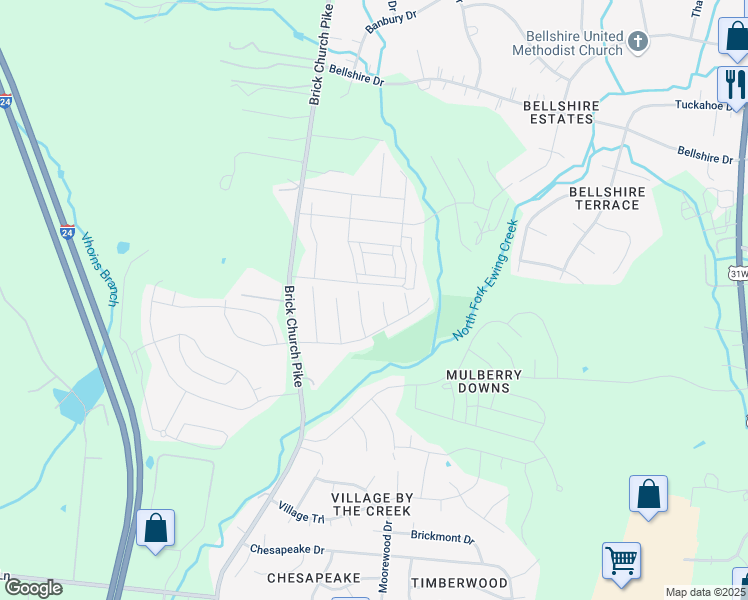map of restaurants, bars, coffee shops, grocery stores, and more near 3417 Meadow Court in Nashville