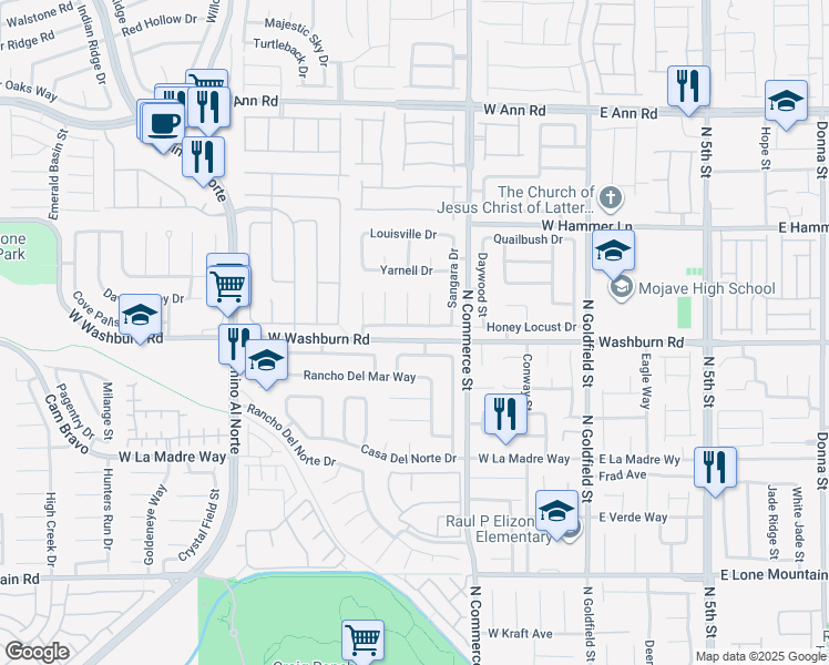 map of restaurants, bars, coffee shops, grocery stores, and more near 343 Mulberry Glen Drive in North Las Vegas