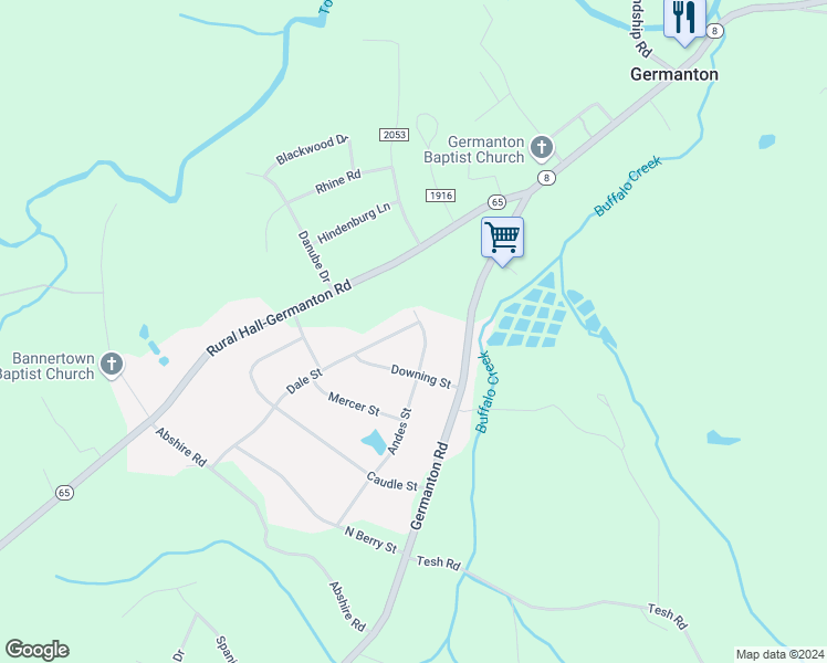 map of restaurants, bars, coffee shops, grocery stores, and more near 6716 Andes Street in Germanton