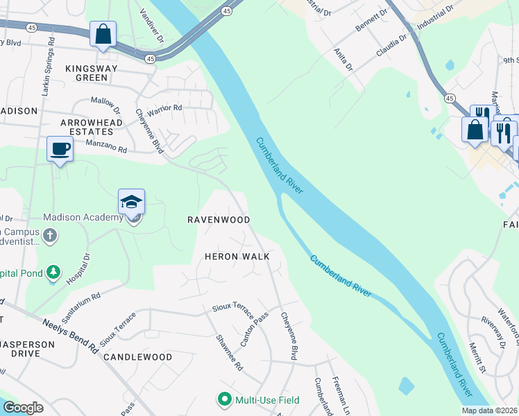 map of restaurants, bars, coffee shops, grocery stores, and more near 1201 Cheyenne Boulevard in Madison