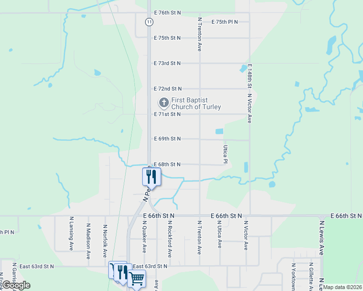 map of restaurants, bars, coffee shops, grocery stores, and more near 1510 East 69th Street North in Tulsa