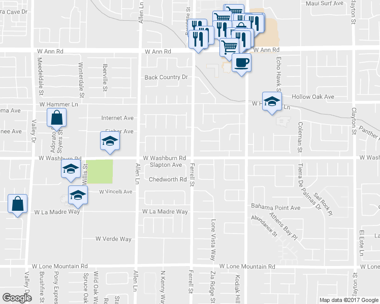 map of restaurants, bars, coffee shops, grocery stores, and more near 5220 Ferrell Mountain Court in North Las Vegas