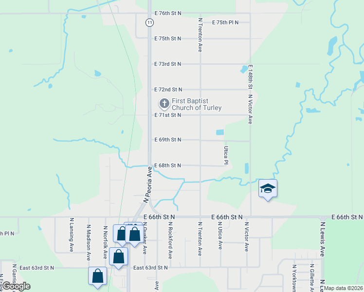 map of restaurants, bars, coffee shops, grocery stores, and more near 1510 East 69th Street North in Tulsa