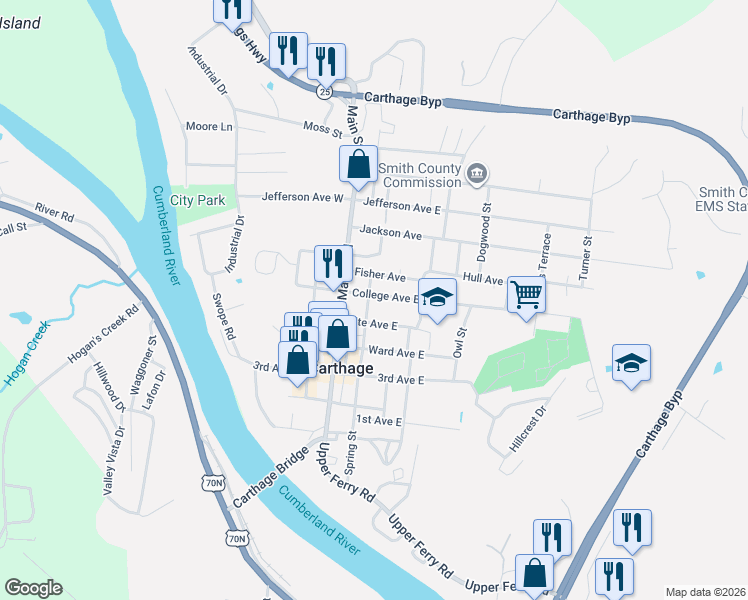 map of restaurants, bars, coffee shops, grocery stores, and more near 209 College Avenue East in Carthage