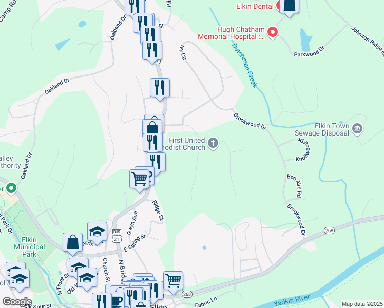 map of restaurants, bars, coffee shops, grocery stores, and more near 230 Hawthorne Road in Elkin