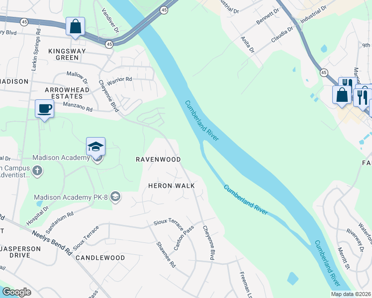 map of restaurants, bars, coffee shops, grocery stores, and more near 1201 Cheyenne Boulevard in Madison