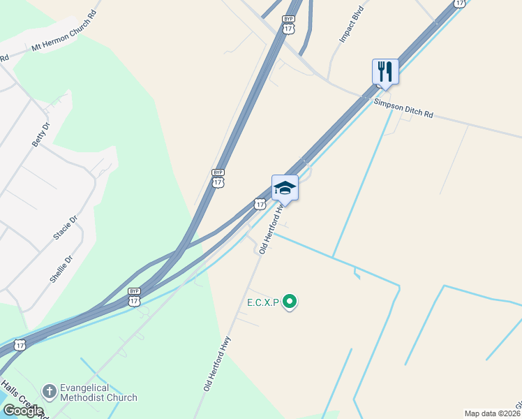 map of restaurants, bars, coffee shops, grocery stores, and more near 1443 U.S. 17 in Elizabeth City