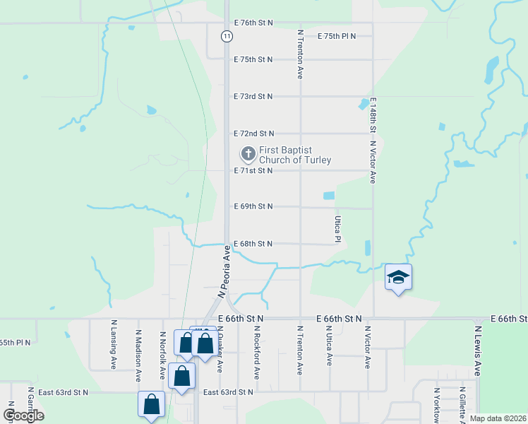 map of restaurants, bars, coffee shops, grocery stores, and more near 1510 East 69th Street North in Tulsa