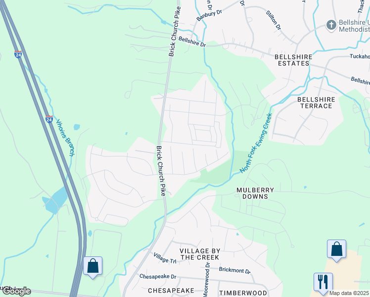 map of restaurants, bars, coffee shops, grocery stores, and more near 3632 Willow Creek Court in Nashville