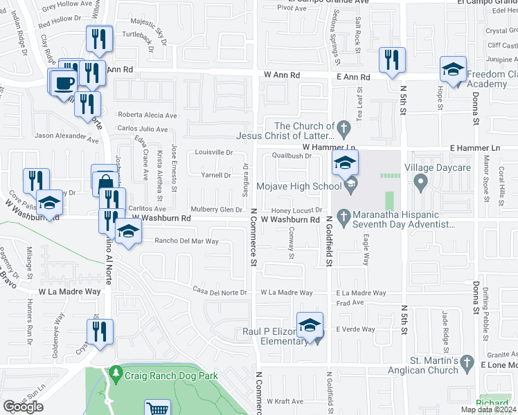 map of restaurants, bars, coffee shops, grocery stores, and more near 5225 Daywood Street in North Las Vegas