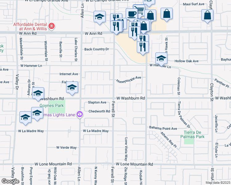 map of restaurants, bars, coffee shops, grocery stores, and more near 5214 Ferrell Street in North Las Vegas