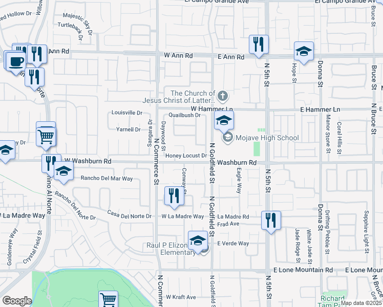 map of restaurants, bars, coffee shops, grocery stores, and more near 108 Honey Locust Drive in North Las Vegas