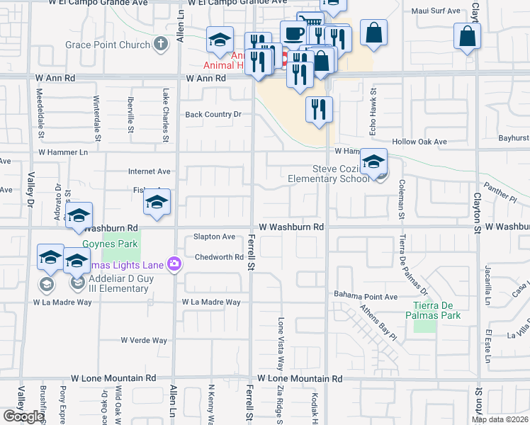 map of restaurants, bars, coffee shops, grocery stores, and more near 3121 Flower Garden Court in North Las Vegas