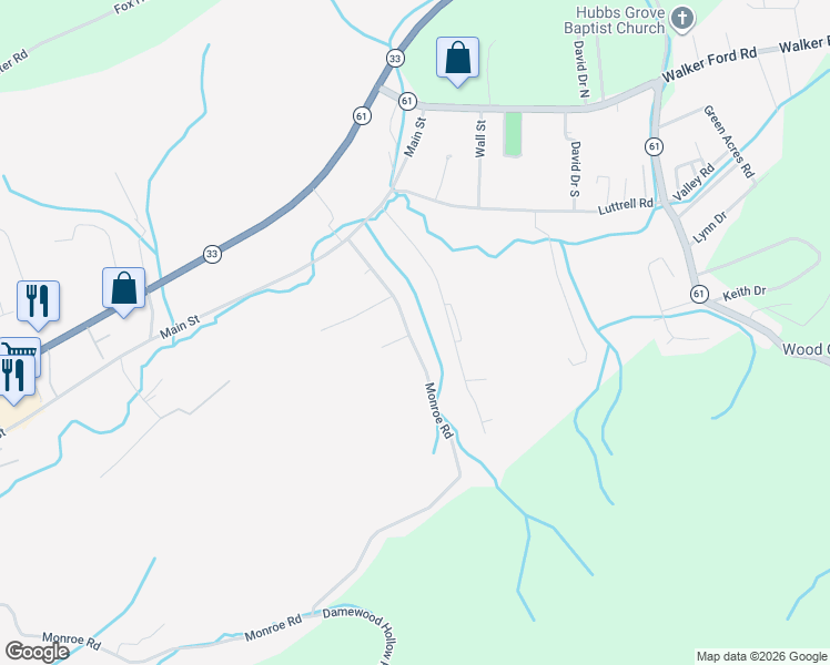 map of restaurants, bars, coffee shops, grocery stores, and more near 576 Monroe Road in Maynardville