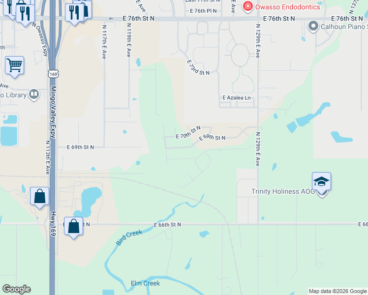 map of restaurants, bars, coffee shops, grocery stores, and more near 12109 East 69th Street North in Owasso