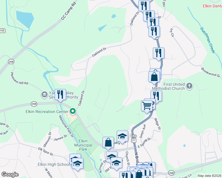 map of restaurants, bars, coffee shops, grocery stores, and more near 324 Hillcrest Drive in Elkin