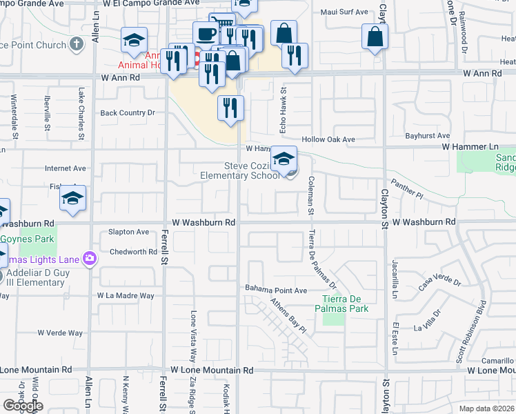map of restaurants, bars, coffee shops, grocery stores, and more near 5215 Zebra Ct in North Las Vegas