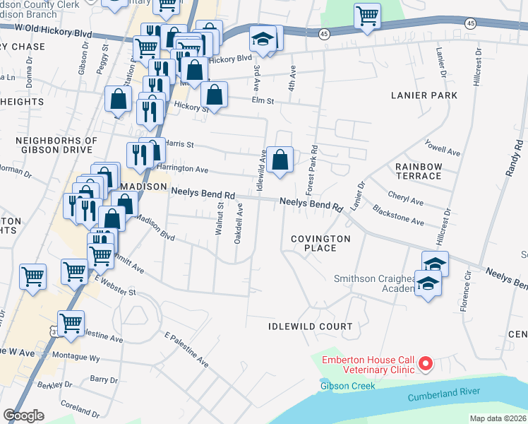 map of restaurants, bars, coffee shops, grocery stores, and more near 735 Madison Boulevard in Nashville