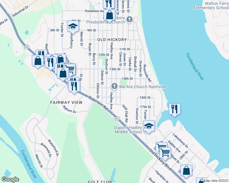 map of restaurants, bars, coffee shops, grocery stores, and more near 1505 Hadley Avenue in Nashville