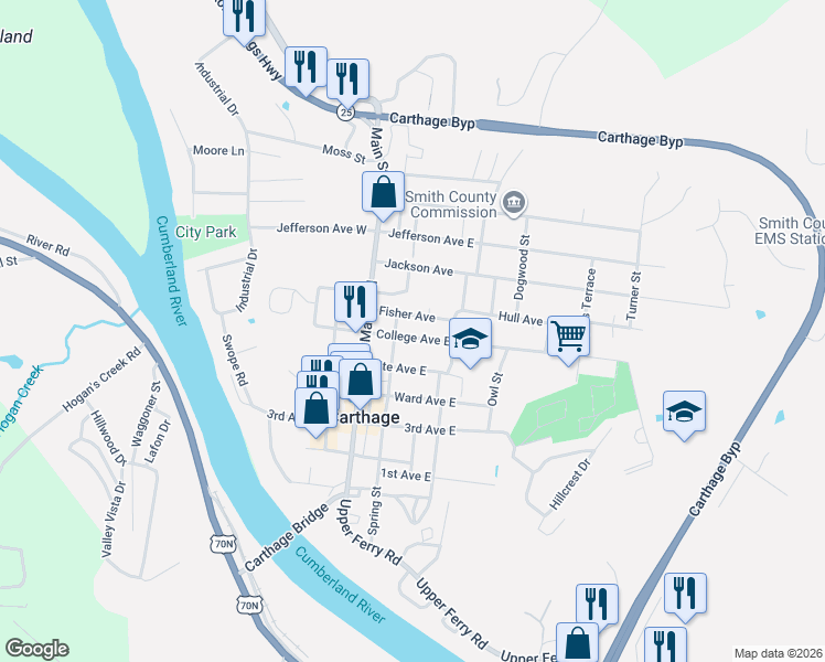 map of restaurants, bars, coffee shops, grocery stores, and more near 209 College Ave E in Carthage