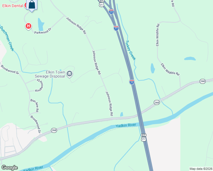 map of restaurants, bars, coffee shops, grocery stores, and more near 180 Johnson Ridge Road in Elkin