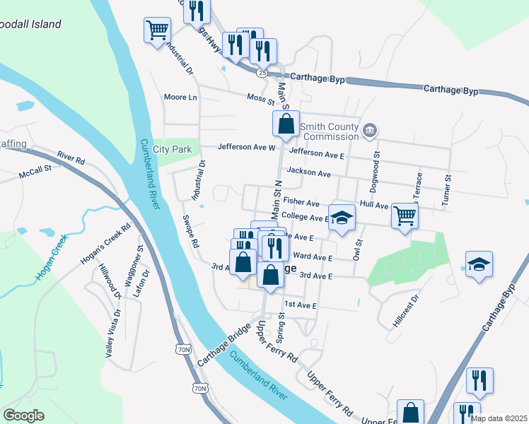 map of restaurants, bars, coffee shops, grocery stores, and more near 604 Main Street North in Carthage