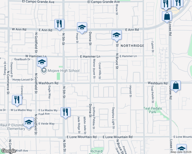 map of restaurants, bars, coffee shops, grocery stores, and more near 5220 Manor Stone Street in North Las Vegas