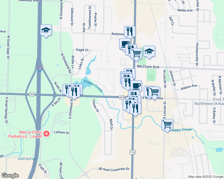map of restaurants, bars, coffee shops, grocery stores, and more near 110 Franklin Ave in Lowell