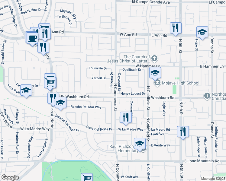 map of restaurants, bars, coffee shops, grocery stores, and more near 5222 Sangara Drive in North Las Vegas